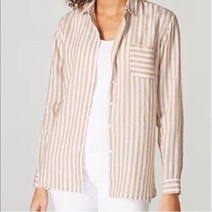 J Jill Love Linen Easy Shirt Tan White Striped Button Up High Low Top (22)